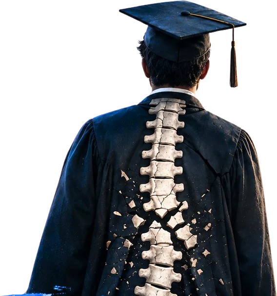 A graduate whose spine is cracked, a metaphor for a broken education system
